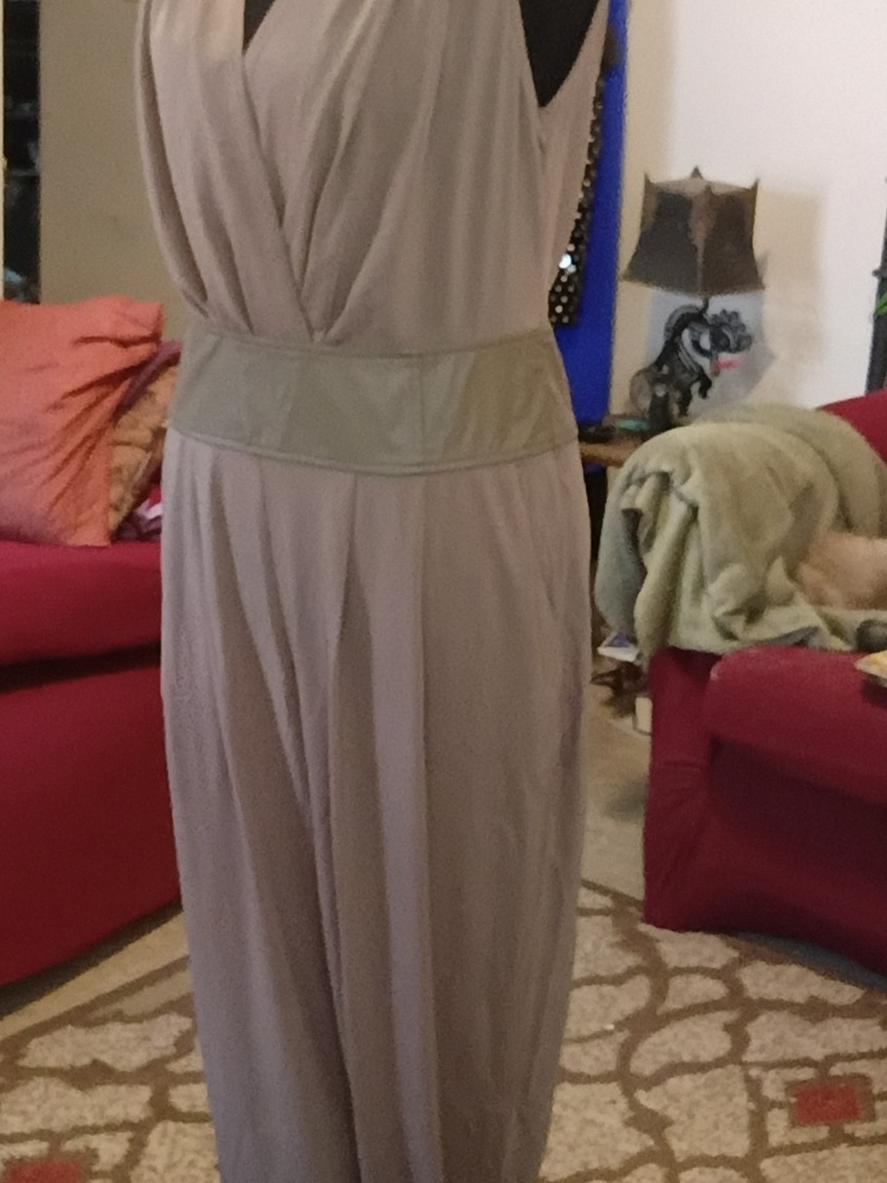 San Joy Taupe Wide-Leg Sleeveless Jumpsuit with V-Neck